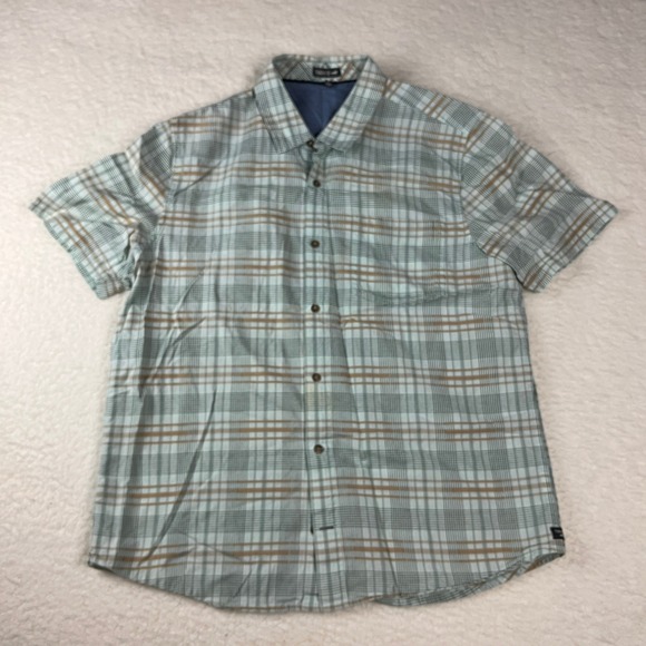 TOAD&CO Mens XL Plaid Short Sleeve Button Up Shirt Blue Tan Casual - Picture 2 of 9